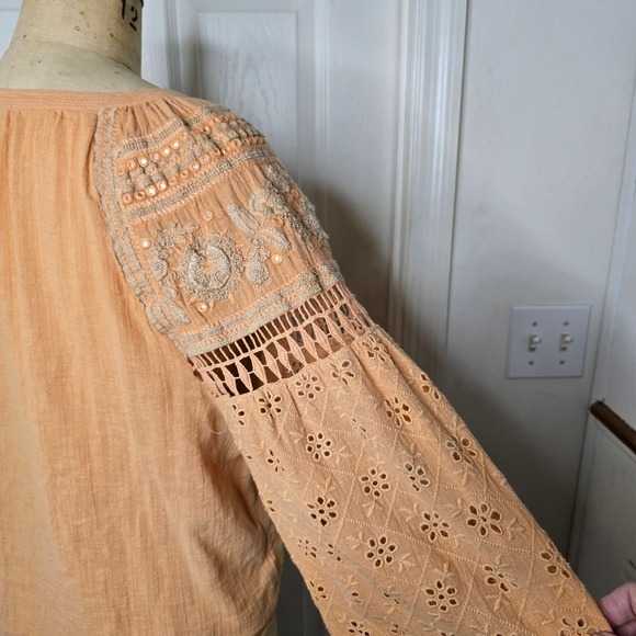 Nichole Miller Artelier cantaloupe linen embroidered womens long sleeve‎  top L - Picture 7 of 11
